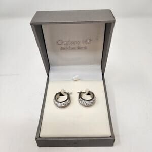 Chelsea Hill Silver Tone Crystal Small Wide Hoops White Enamel Chunky Huggies